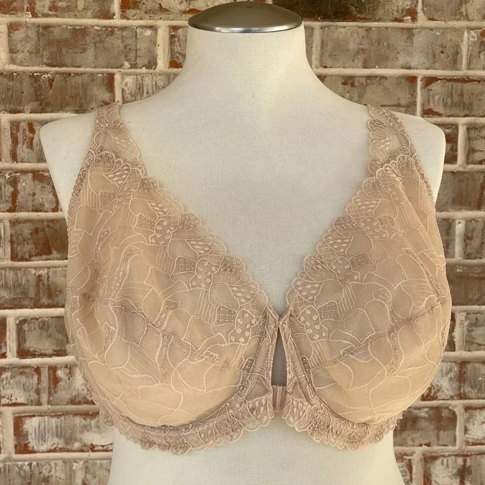 Delimara Tan Sheer Lace‎ Underwire Front Hook plus Size Bra